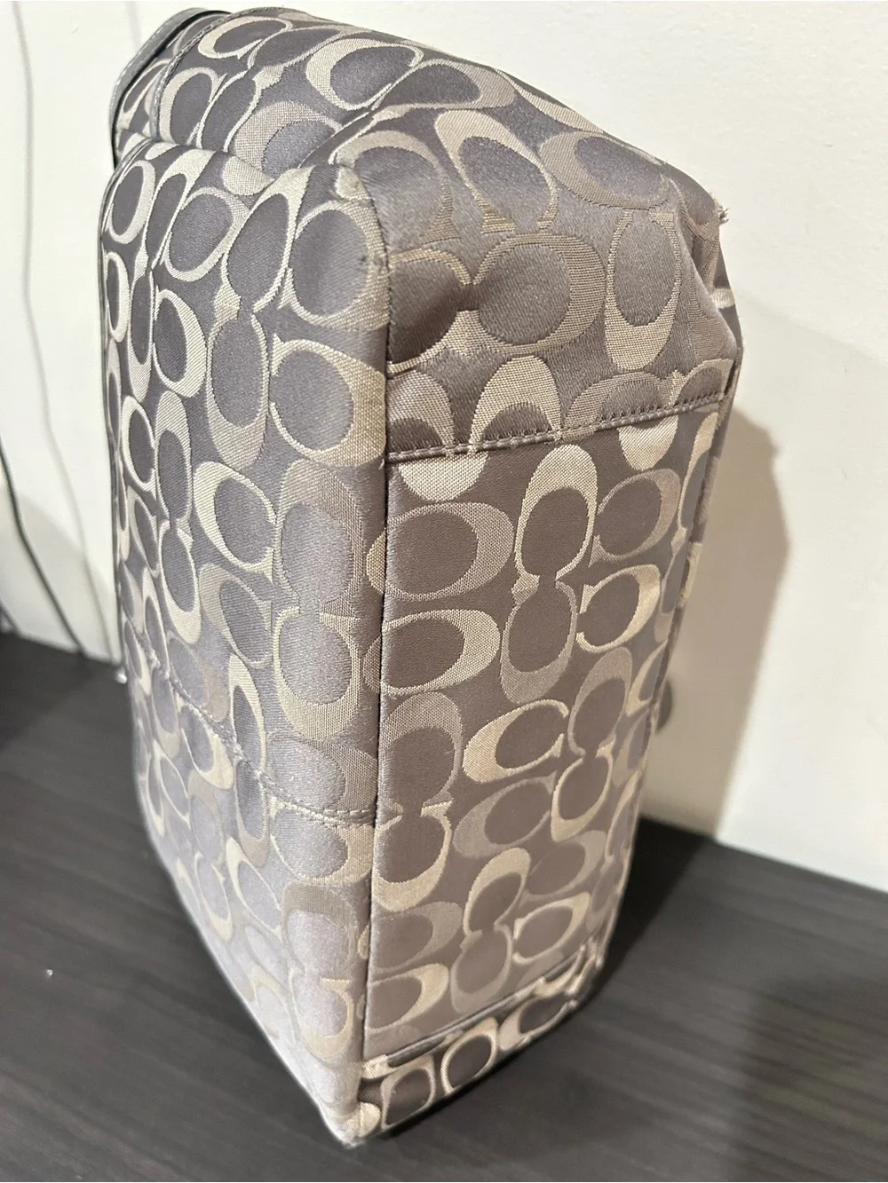 Coach  F17676 Gray Signature Jacquard East West Tote Bag w Metallic Leather Trim